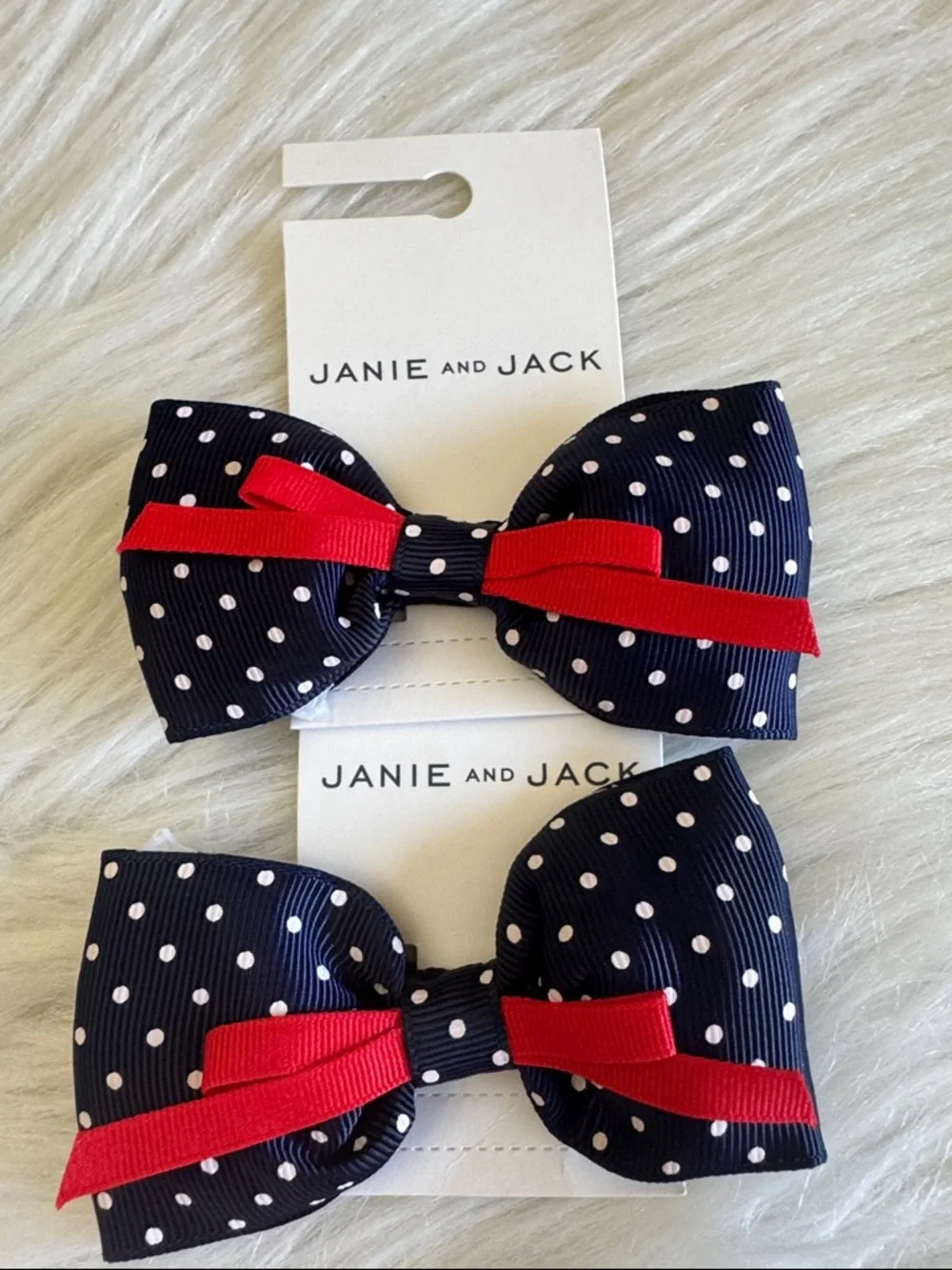 Janie & Jack Navy Red White Patterned Socks with 2 Navy Polka-Dot Bow Hair Clips